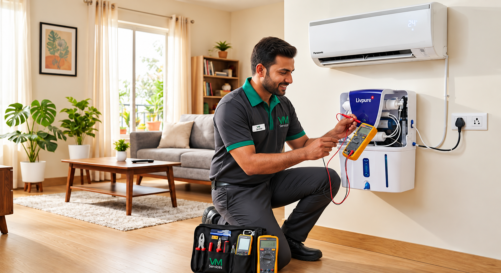 Ravi Malviya Chief Service Engineer VM Services Raipur inspecting domestic appliance